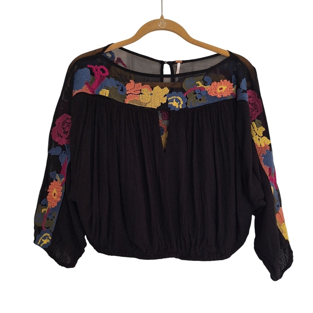 Free People Galina Black Embroidered Mesh Sleeve Boho Peasant Blouse‎ Top S/P